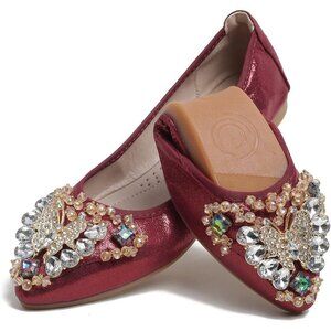 🆕Women's Red Sequin Cloth Rhinestone Bow Wedding Slip On Comfortable Flats